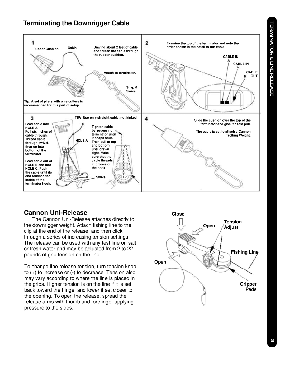 Cannon 5, 10TS owner manual Terminating the Downrigger Cable, Cannon Uni-Release 