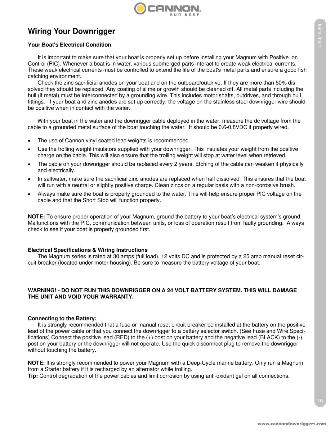 Cannon 5 ST Your Boats Electrical Condition, Electrical Specifications & Wiring Instructions, Connecting to the Battery 