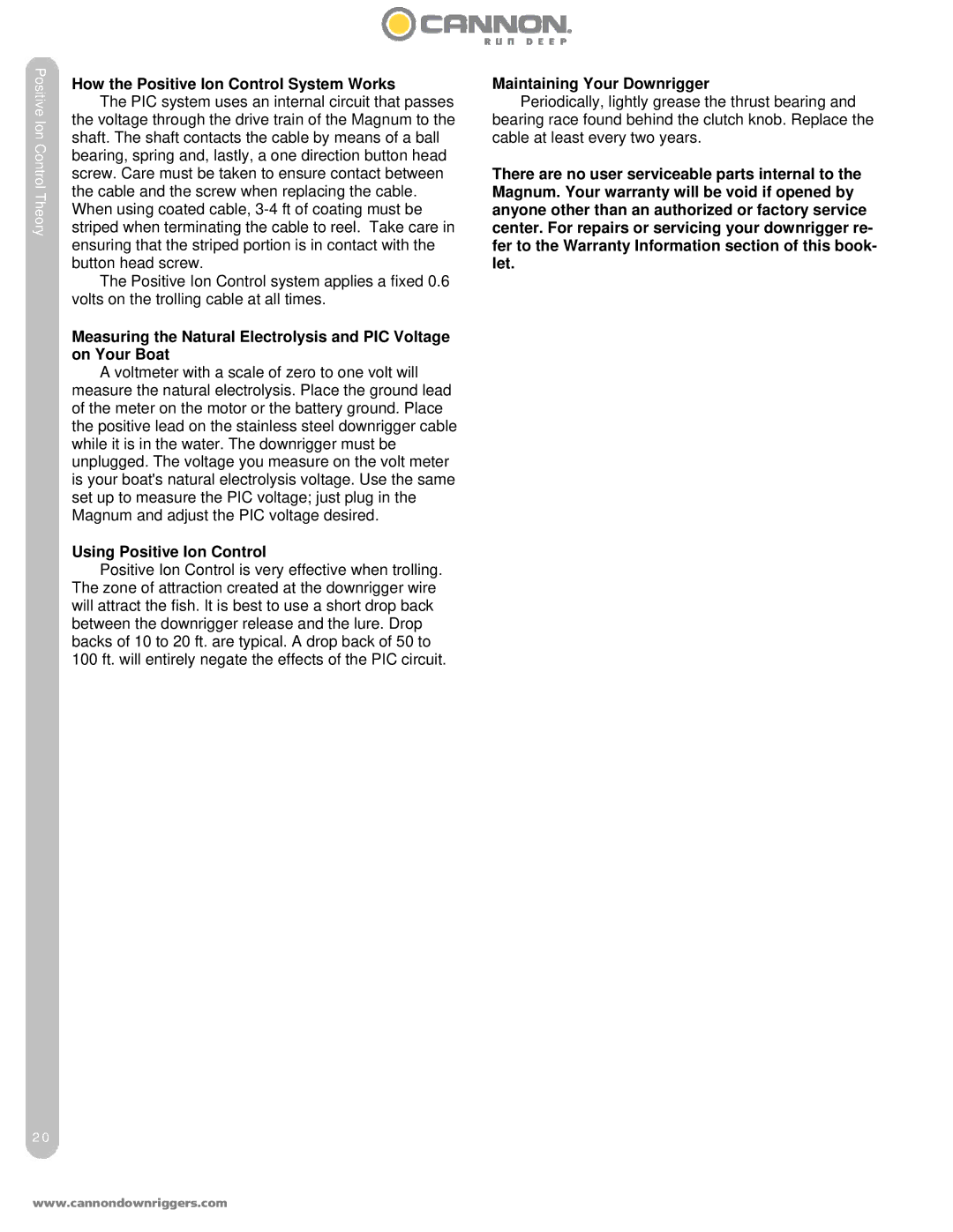 Cannon 10 STX, 5 ST How the Positive Ion Control System Works, Using Positive Ion Control, Maintaining Your Downrigger 