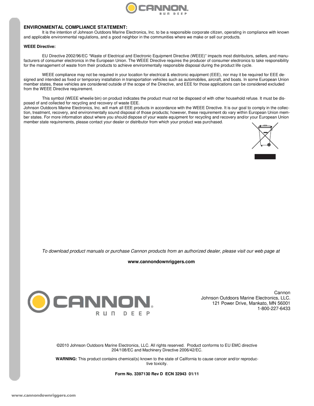 Cannon 5 ST, 10 STX TS owner manual Environmental Compliance Statement 