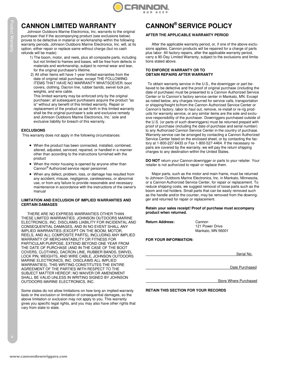 Cannon 10 STX TS, 5 ST owner manual Cannon Limited Warranty 