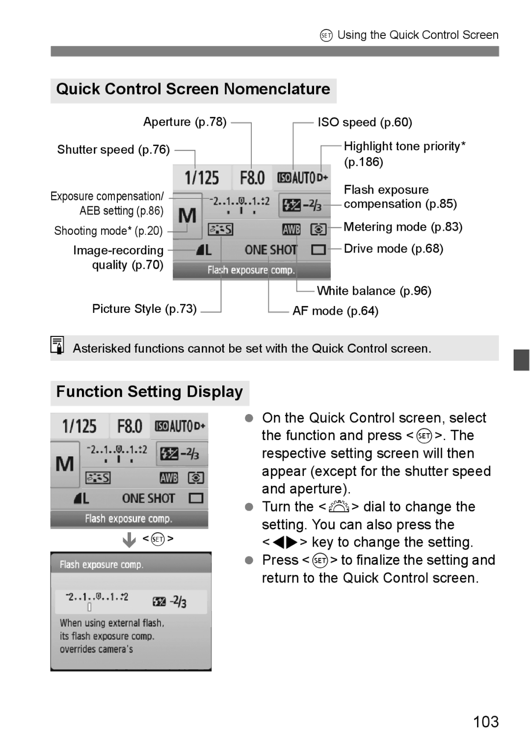 Cannon 500D instruction manual Quick Control Screen Nomenclature, Function Setting Display, 103 