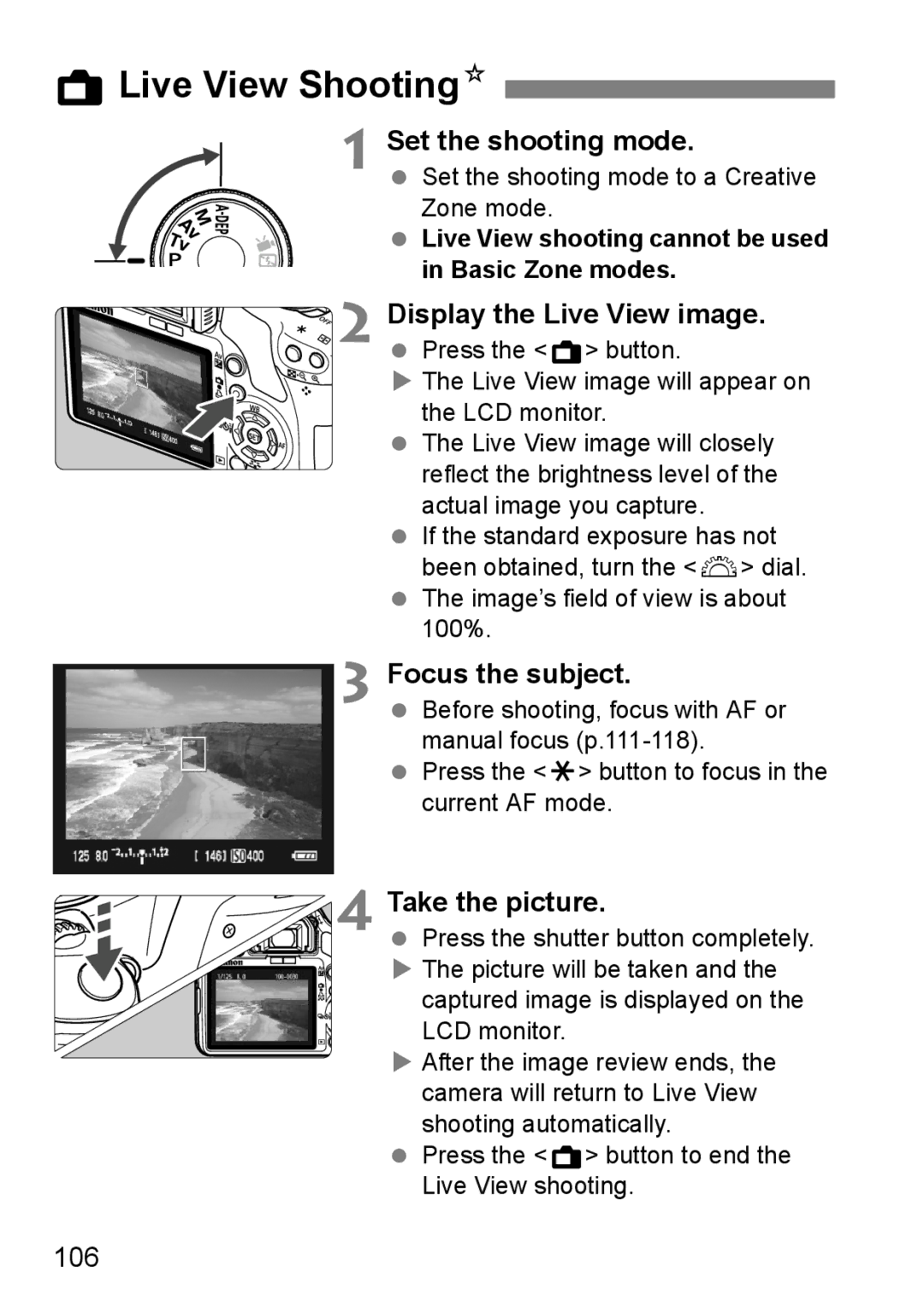 Cannon 500D instruction manual ALive View ShootingN, Set the shooting mode, Display the Live View image, 106 