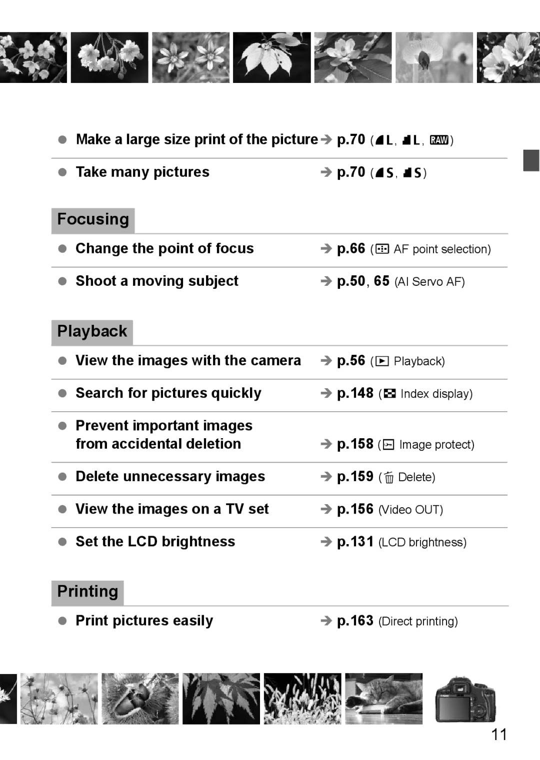 Cannon 500D instruction manual Focusing, Playback, Printing 