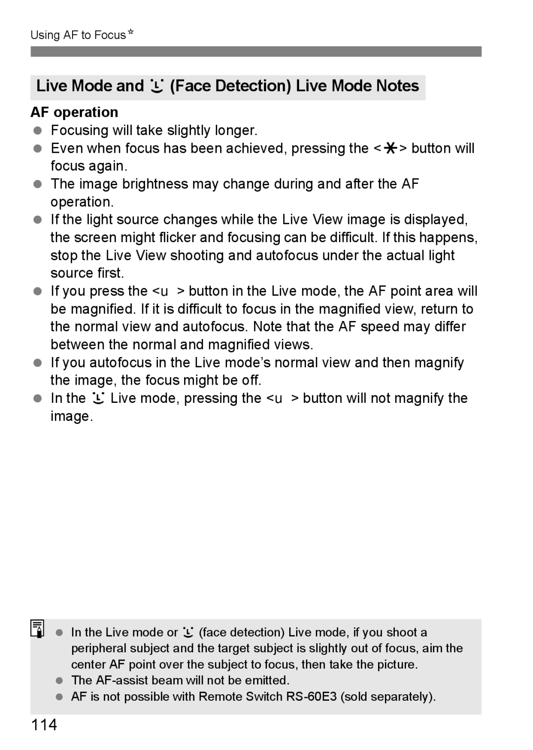 Cannon 500D instruction manual Live Mode and uFace Detection Live Mode Notes, 114, AF operation 