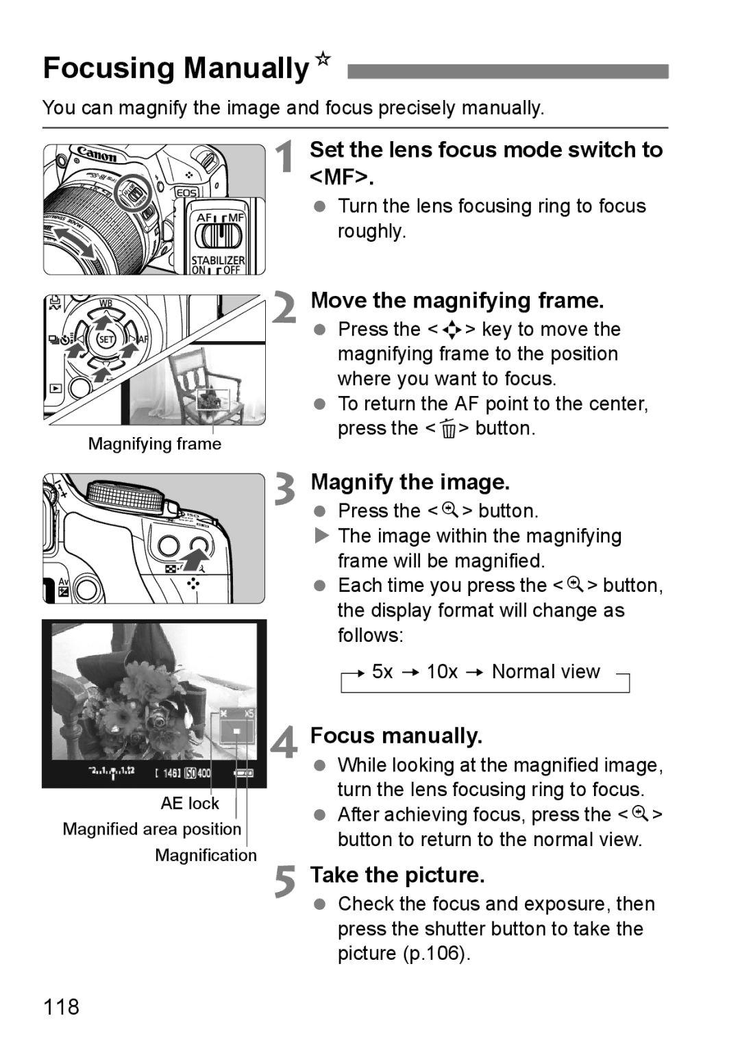 Cannon 500D instruction manual Focusing ManuallyN, Set the lens focus mode switch to MF, Focus manually, 118 