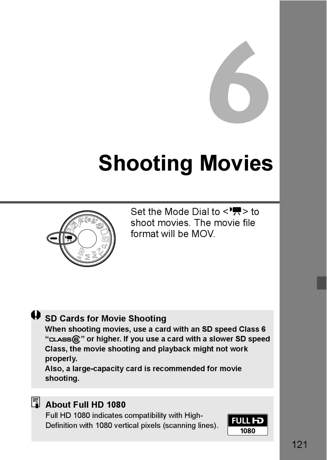 Cannon 500D instruction manual 121, SD Cards for Movie Shooting, About Full HD 