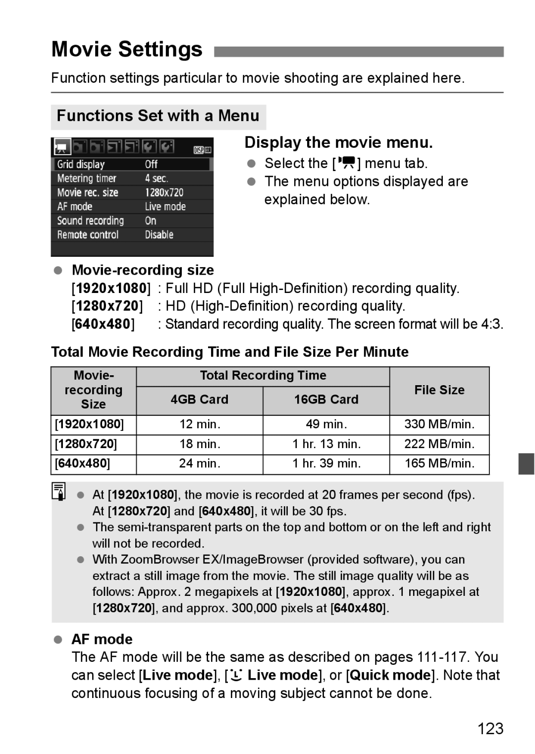 Cannon 500D instruction manual Movie Settings, Functions Set with a Menu Display the movie menu, 123 