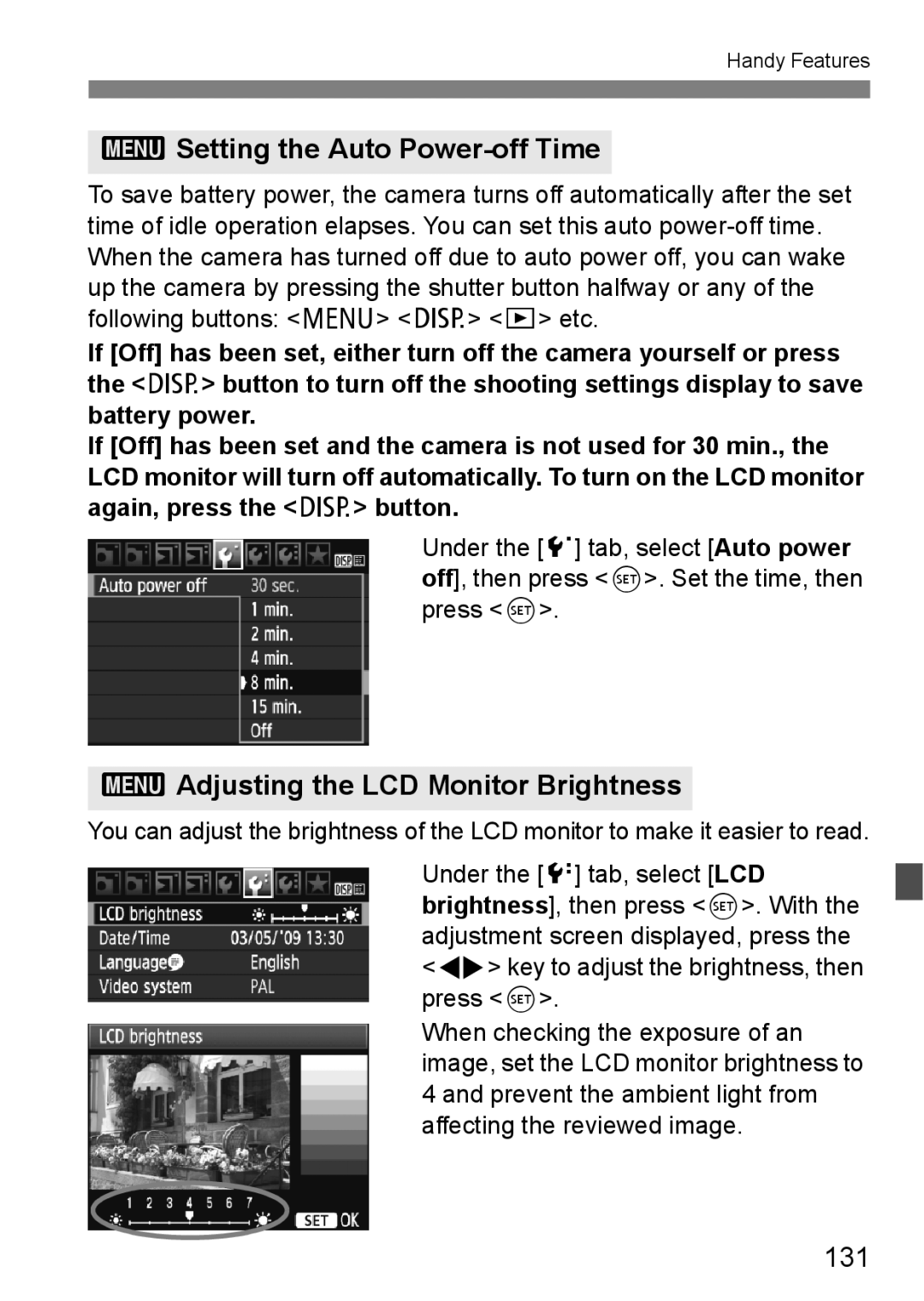 Cannon 500D instruction manual Setting the Auto Power-off Time, 3Adjusting the LCD Monitor Brightness, 131 