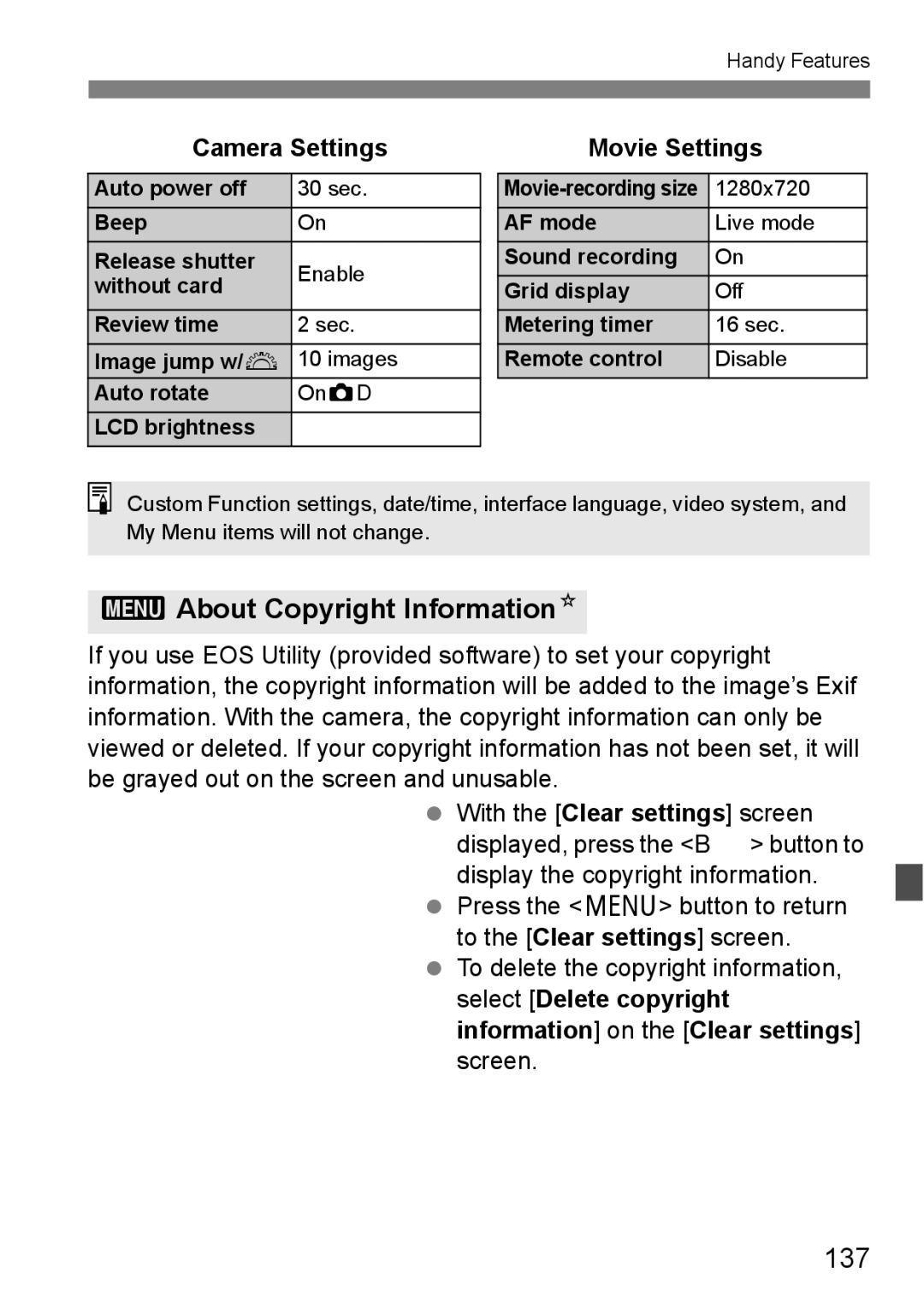 Cannon 500D instruction manual 3About Copyright InformationN, 137, Camera Settings, Movie Settings 