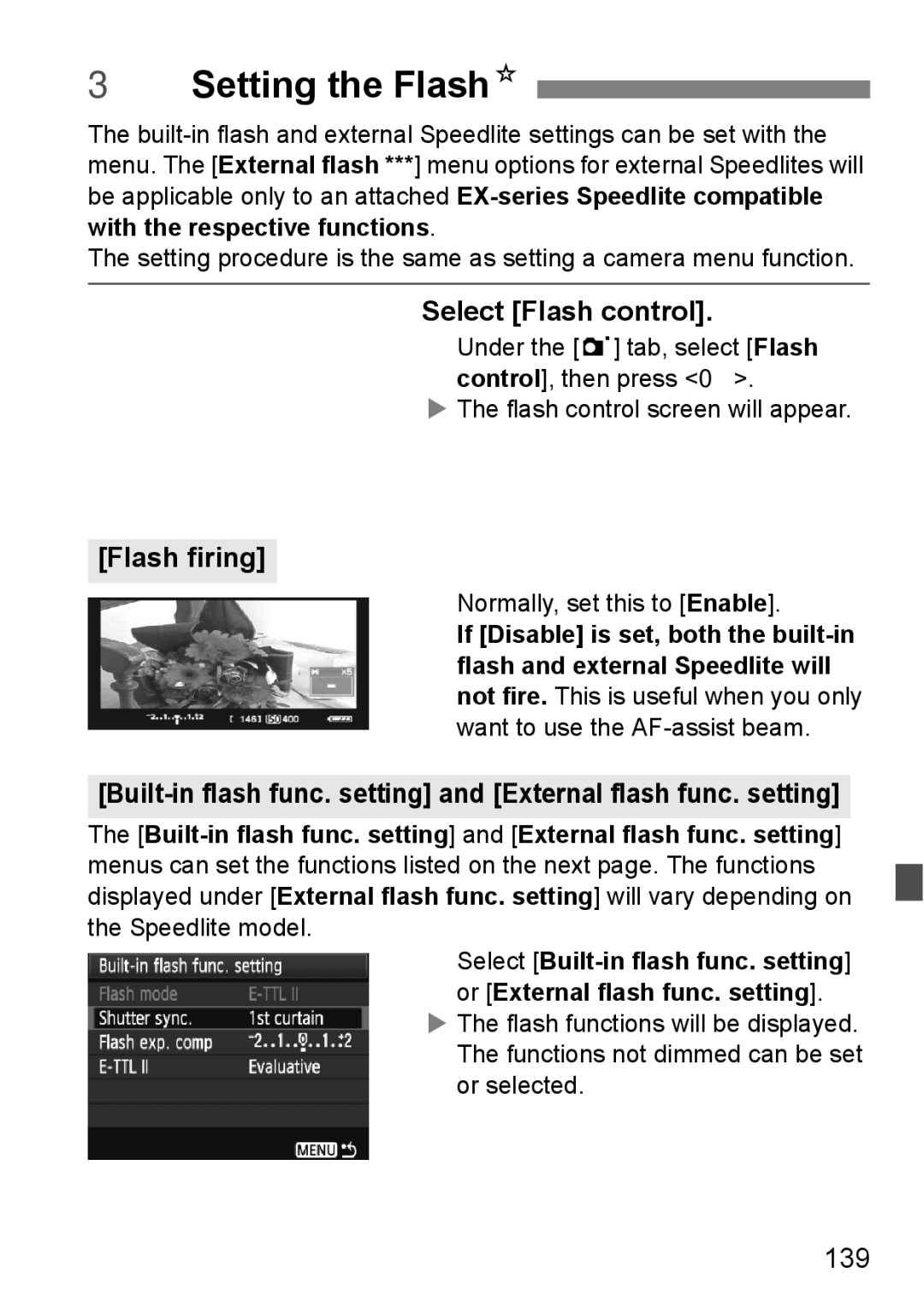 Cannon 500D instruction manual 3Setting the FlashN, Flash firing, 139, Normally, set this to Enable 