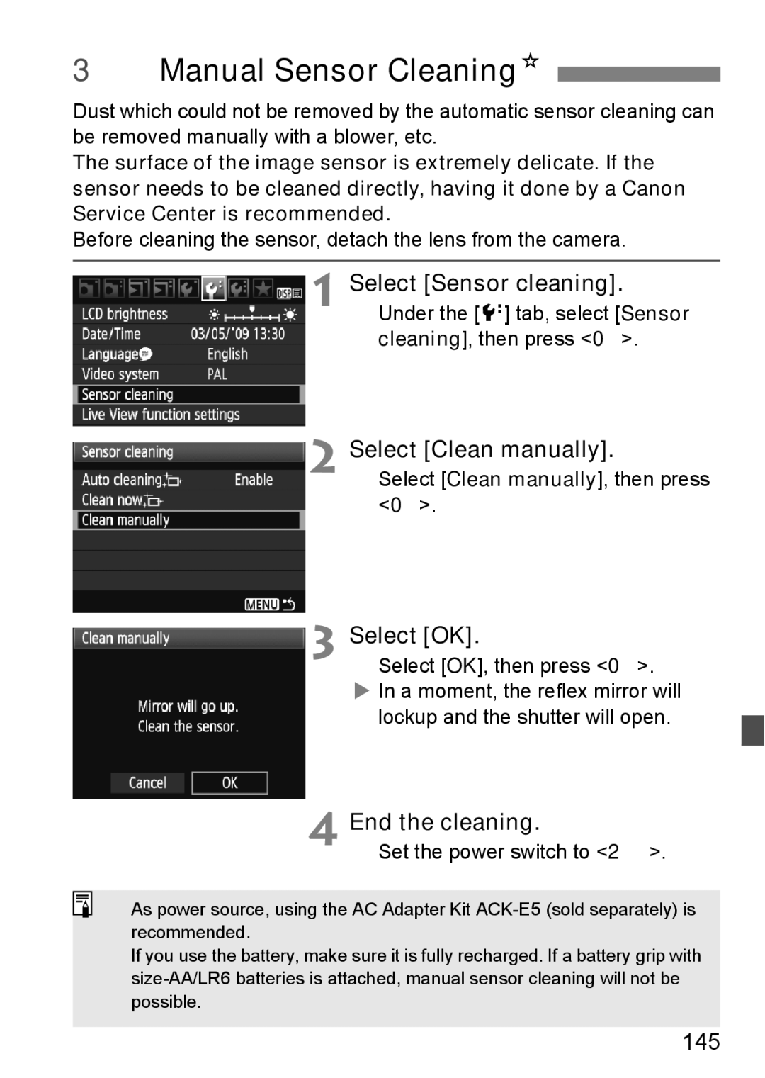 Cannon 500D 3Manual Sensor CleaningN, Select Sensor cleaning, Select Clean manually, End the cleaning, 145 