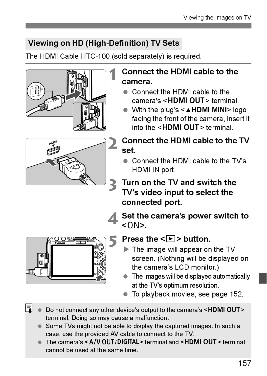 Cannon 500D instruction manual Viewing on HD High-Definition TV Sets, Connectset. the Hdmi cable to the TV, 157 