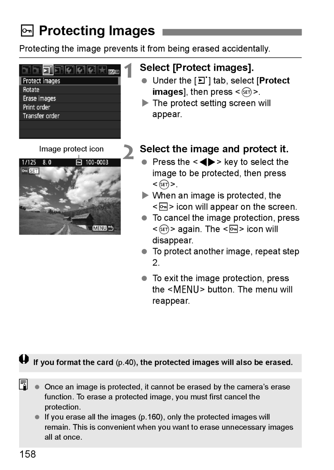 Cannon 500D instruction manual KProtecting Images, Select Protect images, Select the image and protect it, 158 