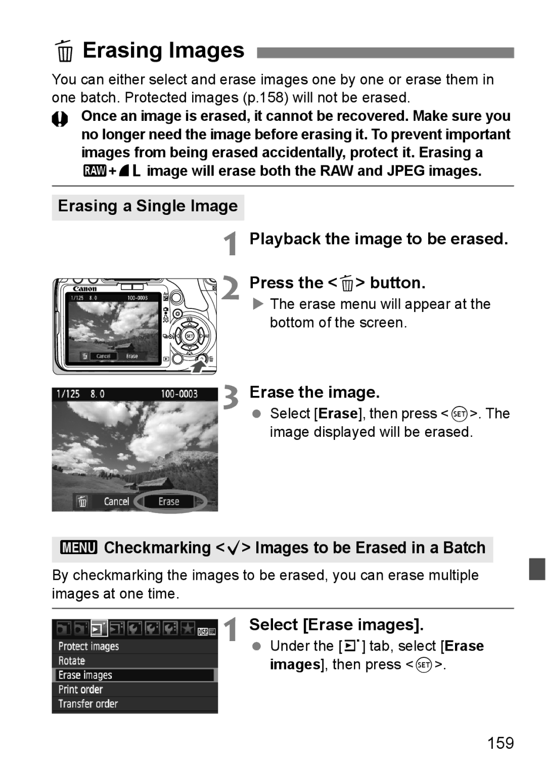 Cannon 500D LErasing Images, Erase the image, 3Checkmarking X Images to be Erased in a Batch, Select Erase images, 159 