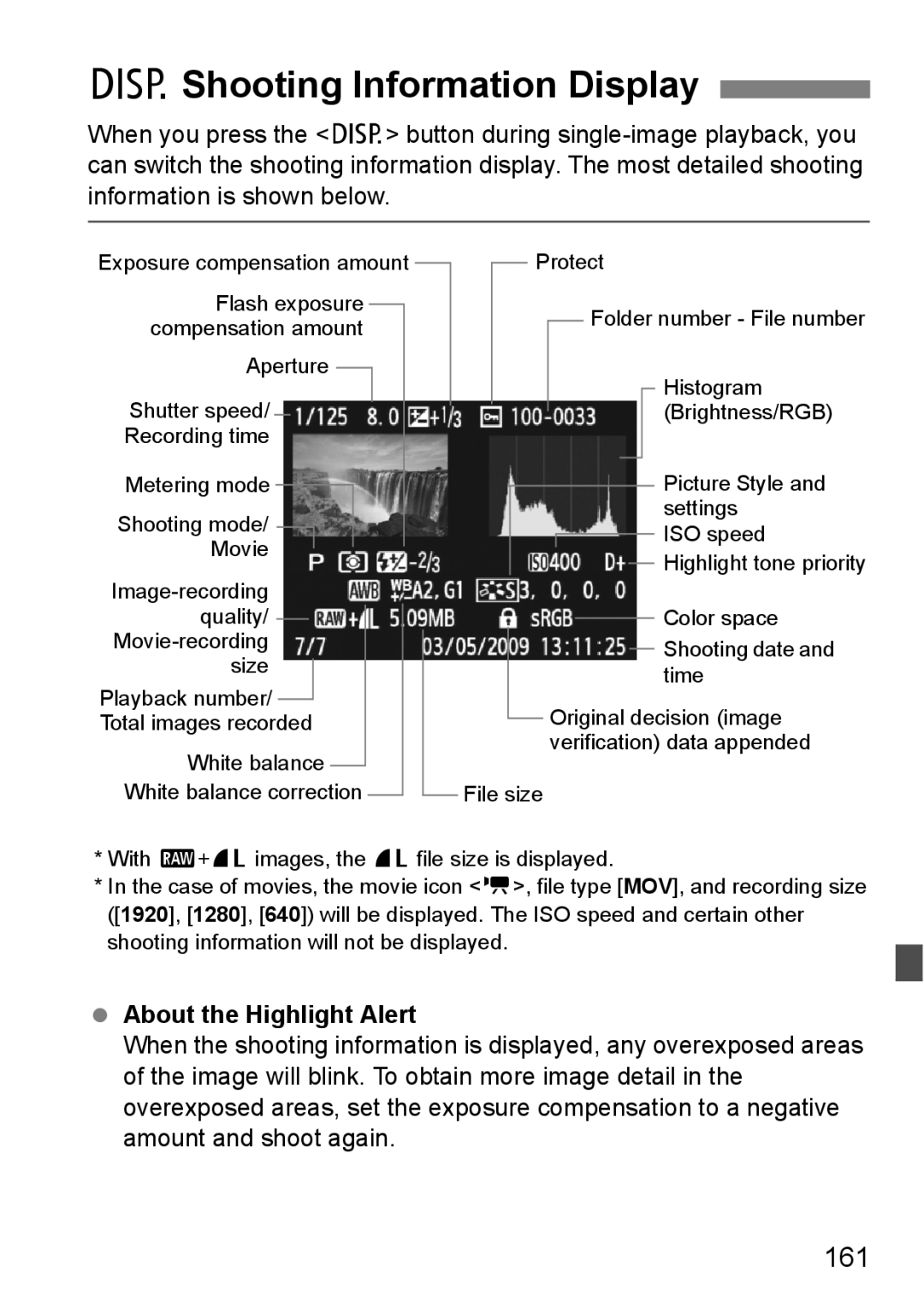 Cannon 500D instruction manual BShooting Information Display, 161, About the Highlight Alert 