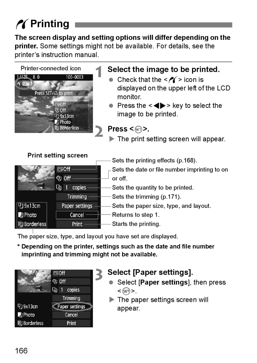 Cannon 500D instruction manual WPrinting, Select Paper settings, 166, Print setting screen will appear 