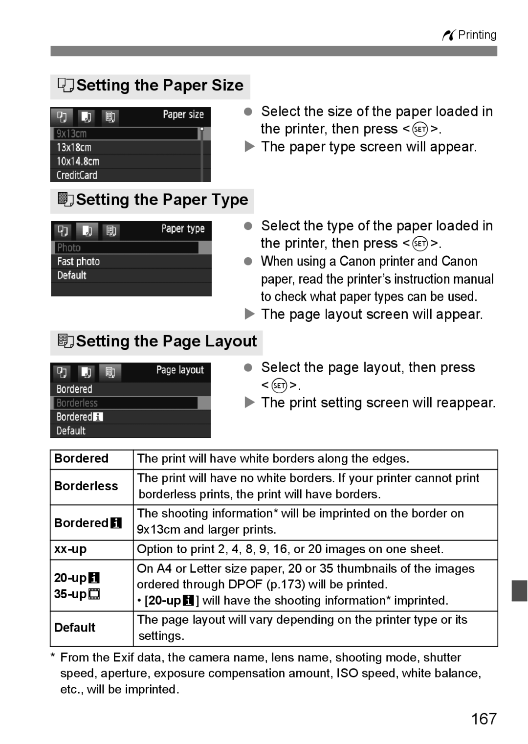 Cannon 500D instruction manual QSetting the Paper Size, YSetting the Paper Type, USetting the Page Layout, 167 