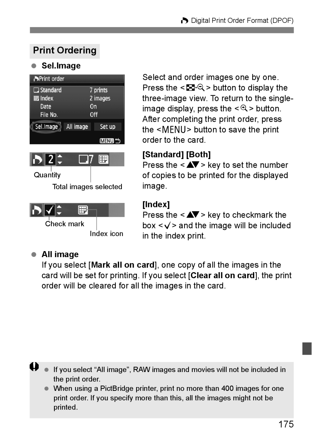 Cannon 500D instruction manual Print Ordering, 175 