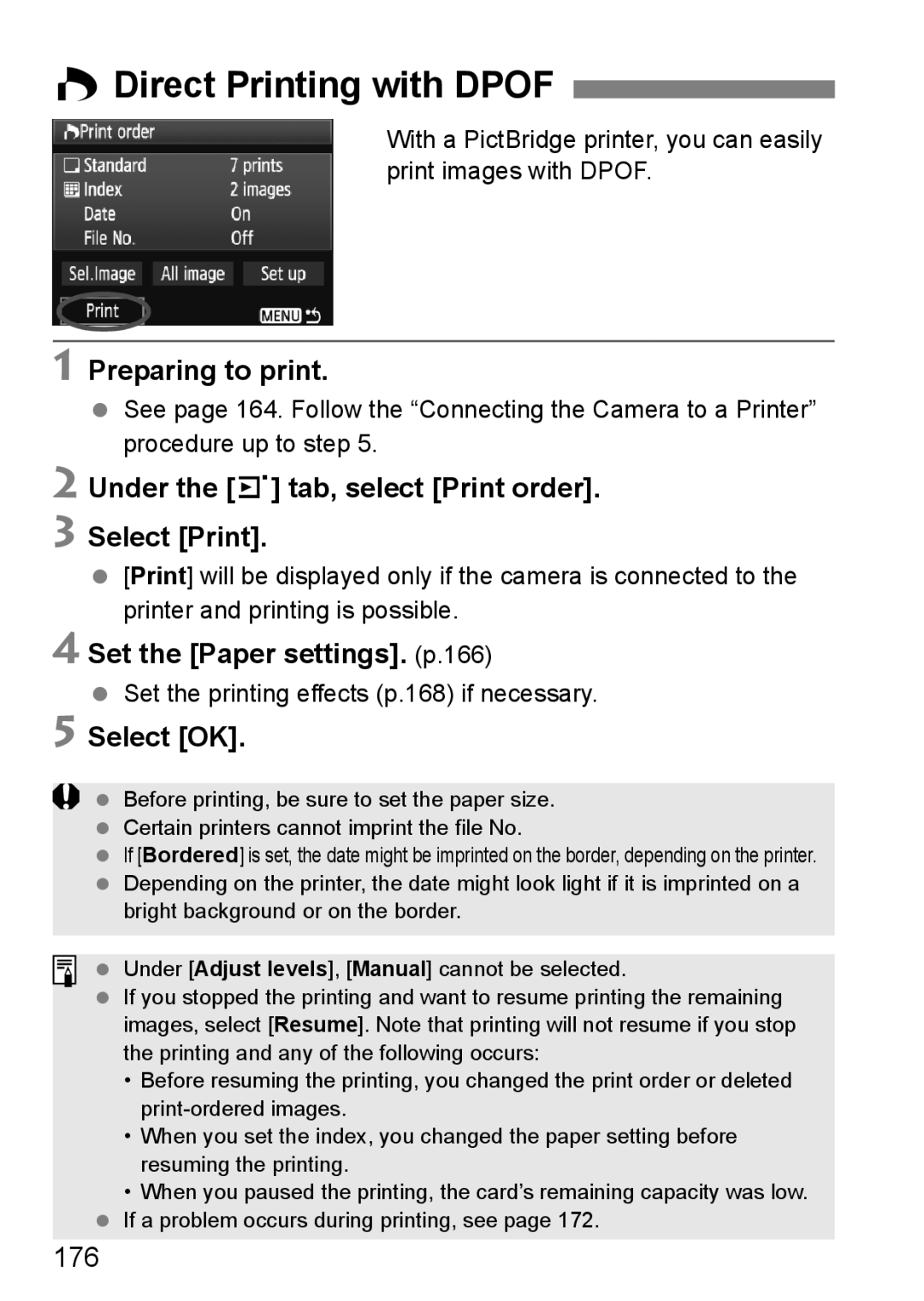 Cannon 500D Direct Printing with Dpof, Preparing to print, Under the 3 tab, select Print order Select Print, 176 