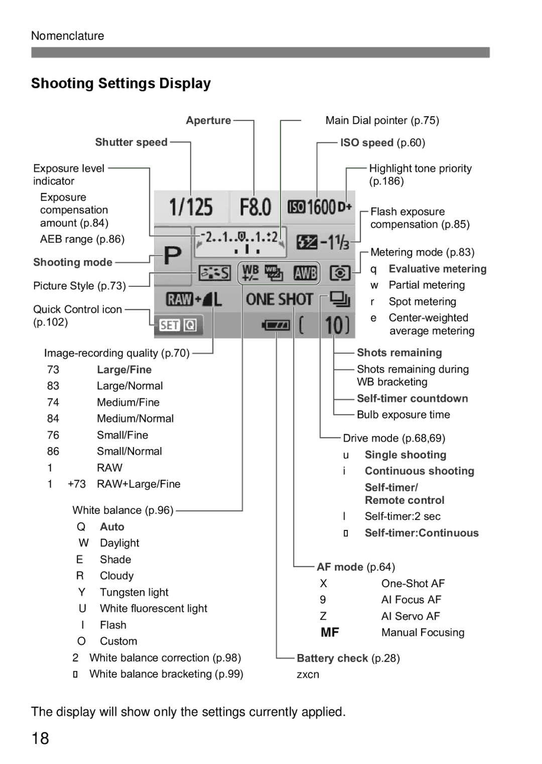 Cannon 500D instruction manual Shooting Settings Display, Large/Fine 