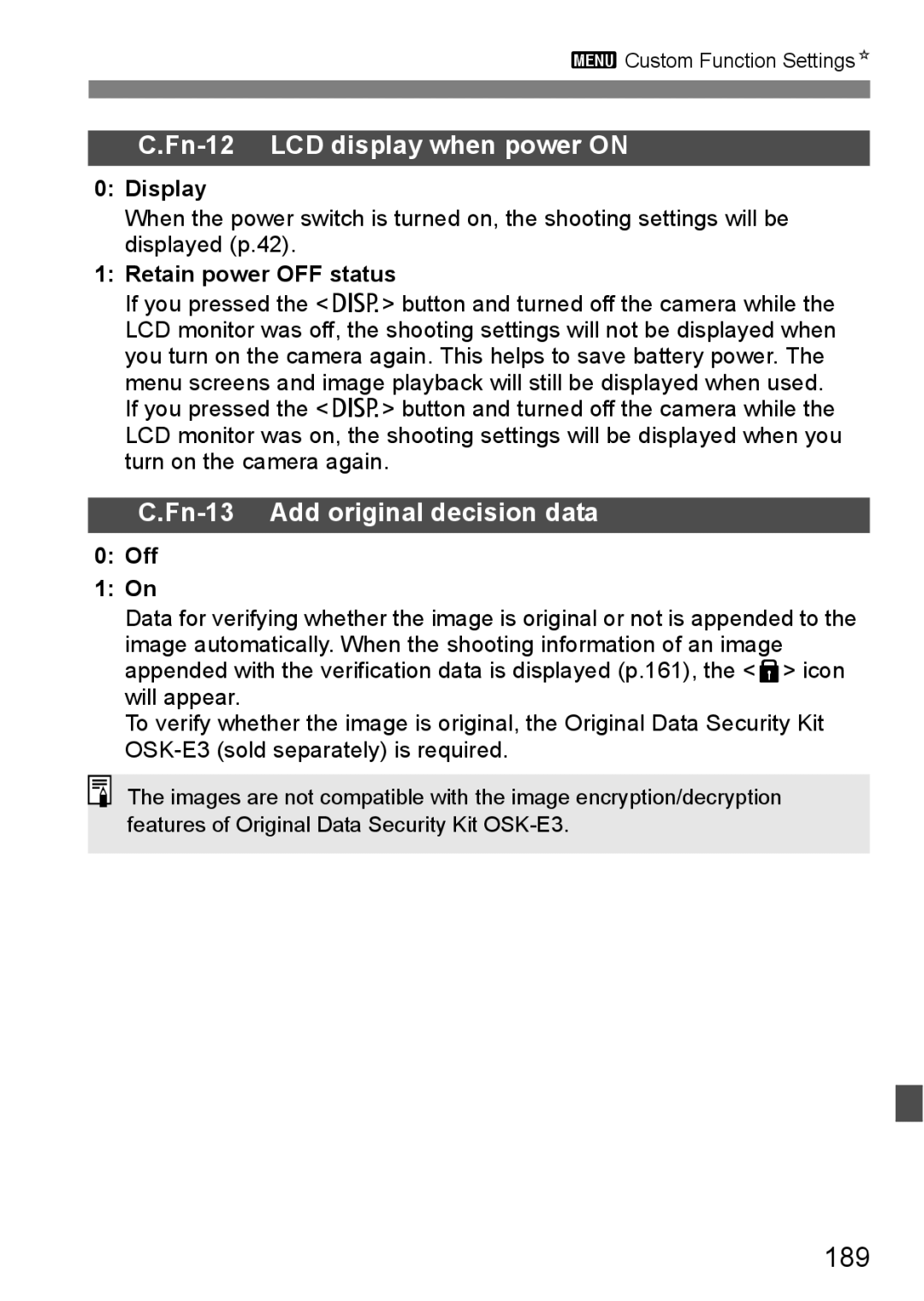 Cannon 500D instruction manual 189, Display, Retain power OFF status 