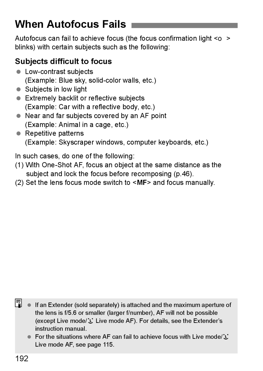 Cannon 500D instruction manual When Autofocus Fails, Subjects difficult to focus, 192 