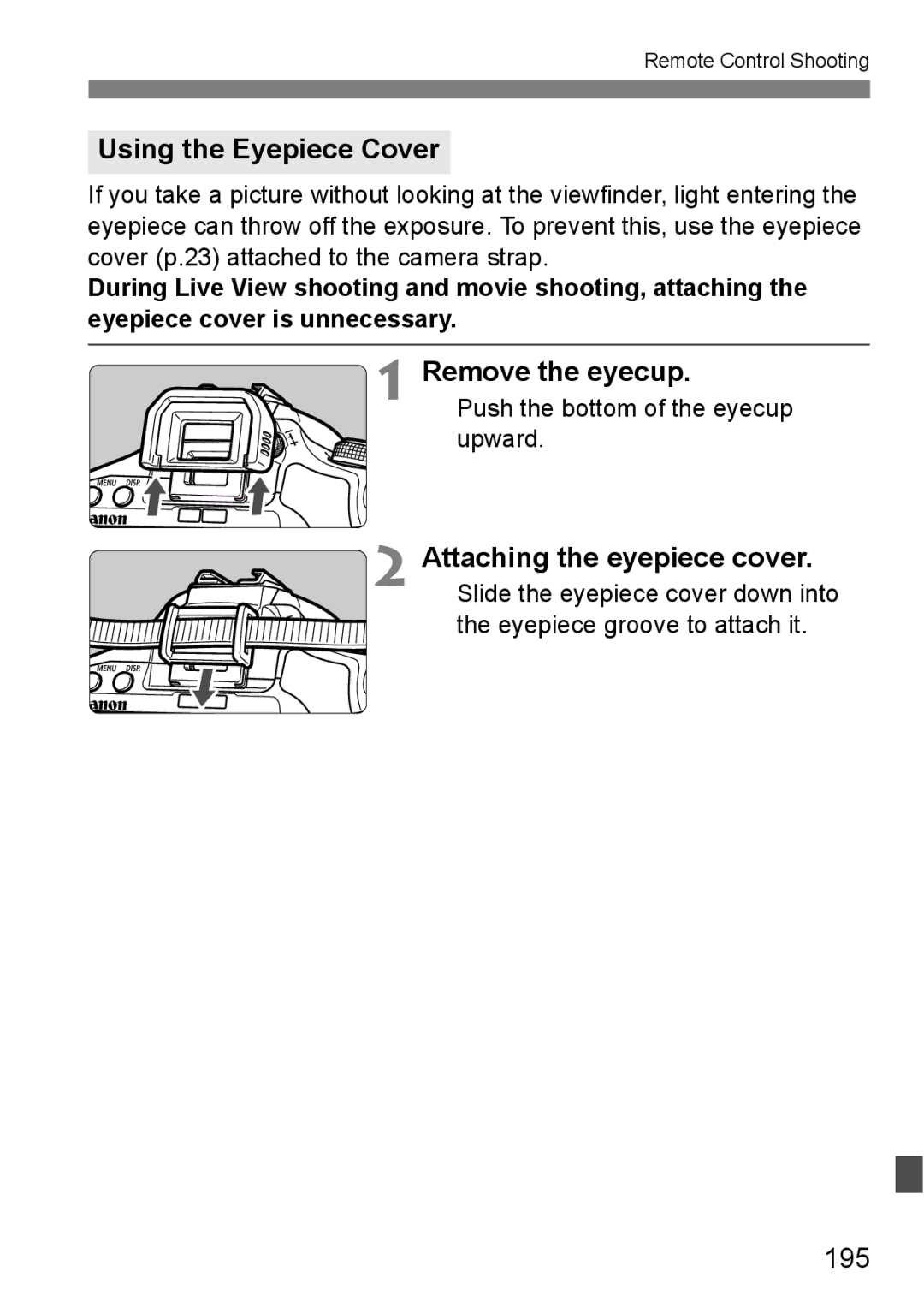 Cannon 500D instruction manual Using the Eyepiece Cover, Remove the eyecup, Attaching the eyepiece cover, 195 