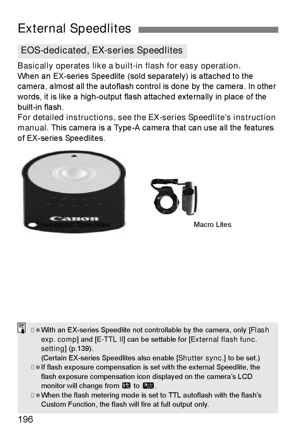 Cannon 500D instruction manual External Speedlites, EOS-dedicated, EX-series Speedlites, 196 