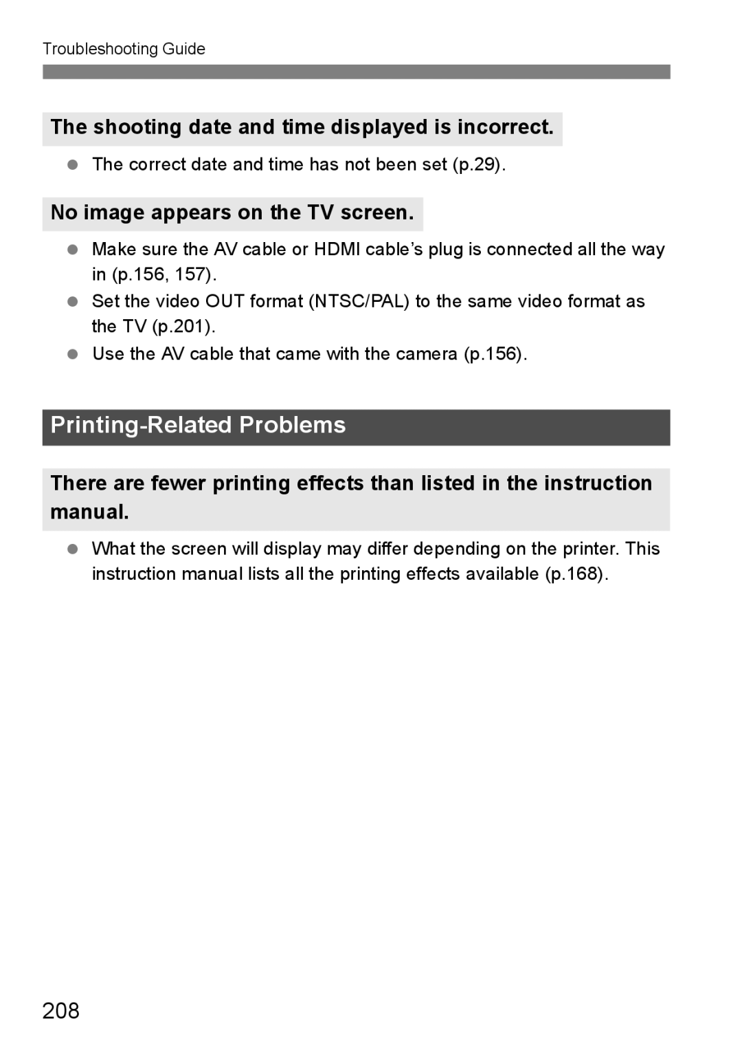 Cannon 500D instruction manual 208, Shooting date and time displayed is incorrect, No image appears on the TV screen 