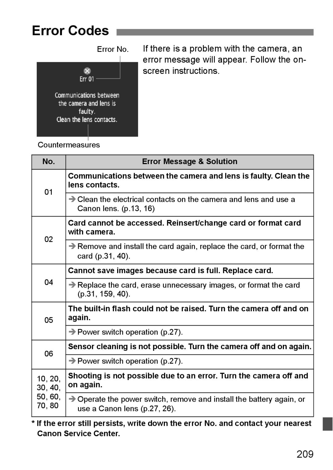 Cannon 500D instruction manual Error Codes, 209 