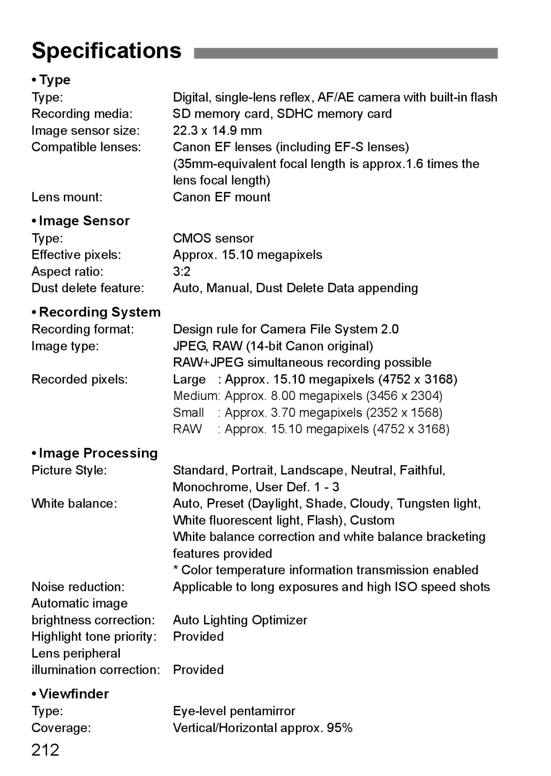 Cannon 500D instruction manual Specifications, 212 