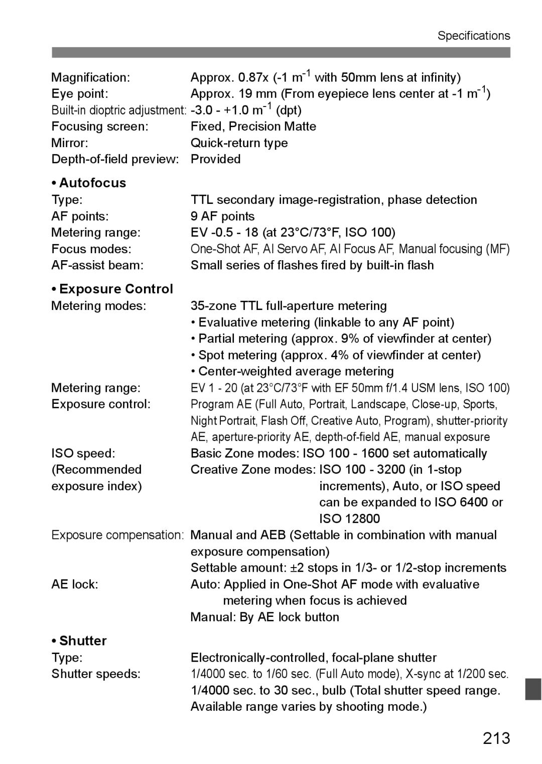 Cannon 500D instruction manual 213, Autofocus, Exposure Control, Shutter 