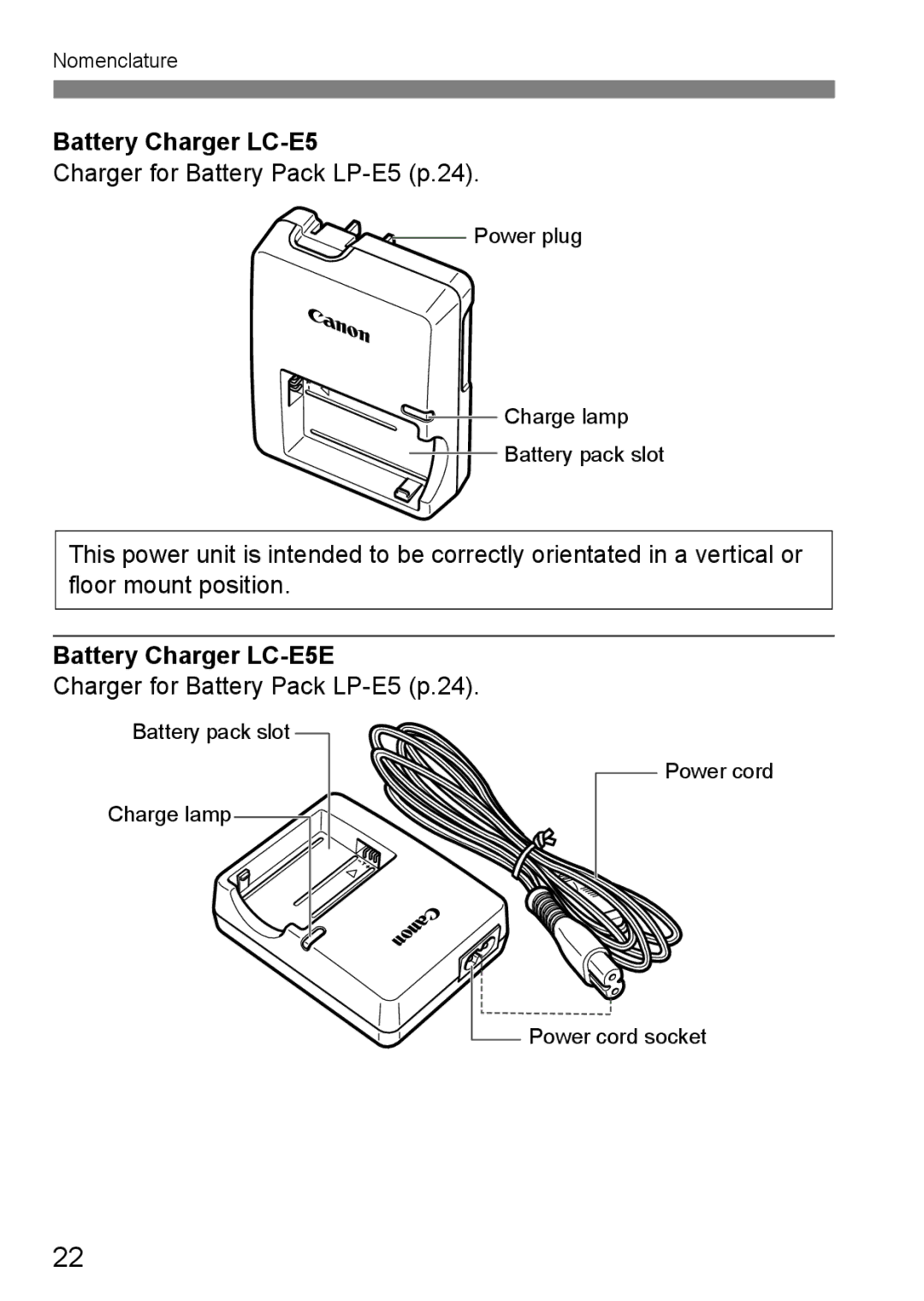 Cannon 500D instruction manual Charger for Battery Pack LP-E5 p.24, Battery Charger LC-E5E 