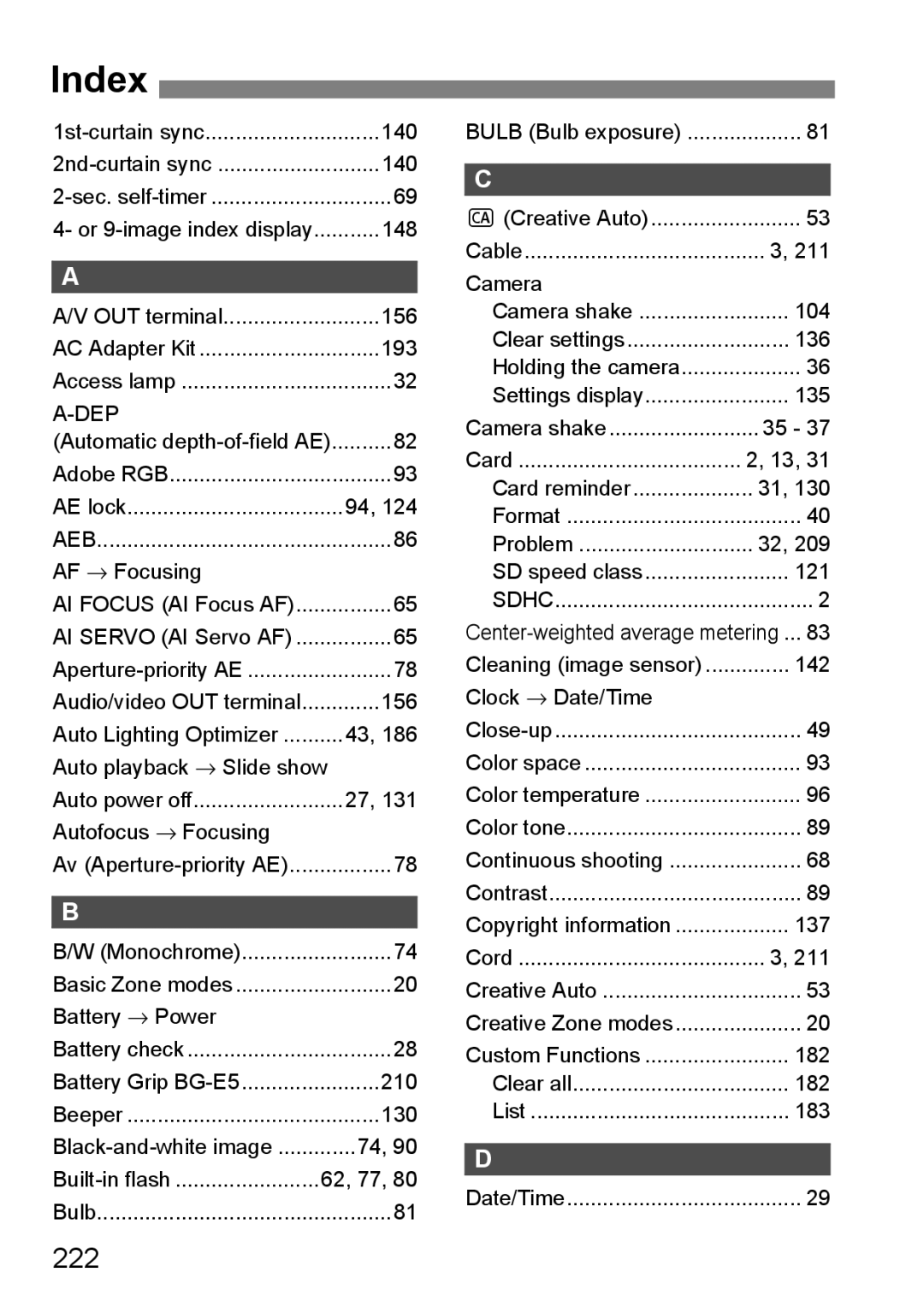 Cannon 500D instruction manual Index, 222 