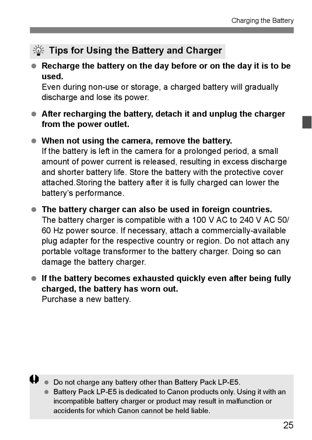 Cannon 500D instruction manual Tips for Using the Battery and Charger, Purchase a new battery 