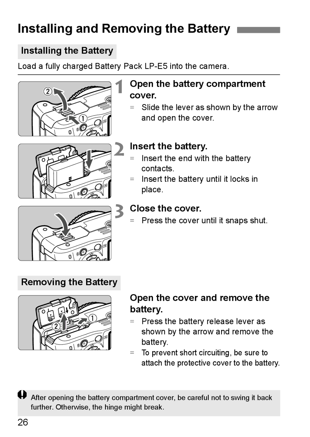 Cannon 500D instruction manual Installing and Removing the Battery 