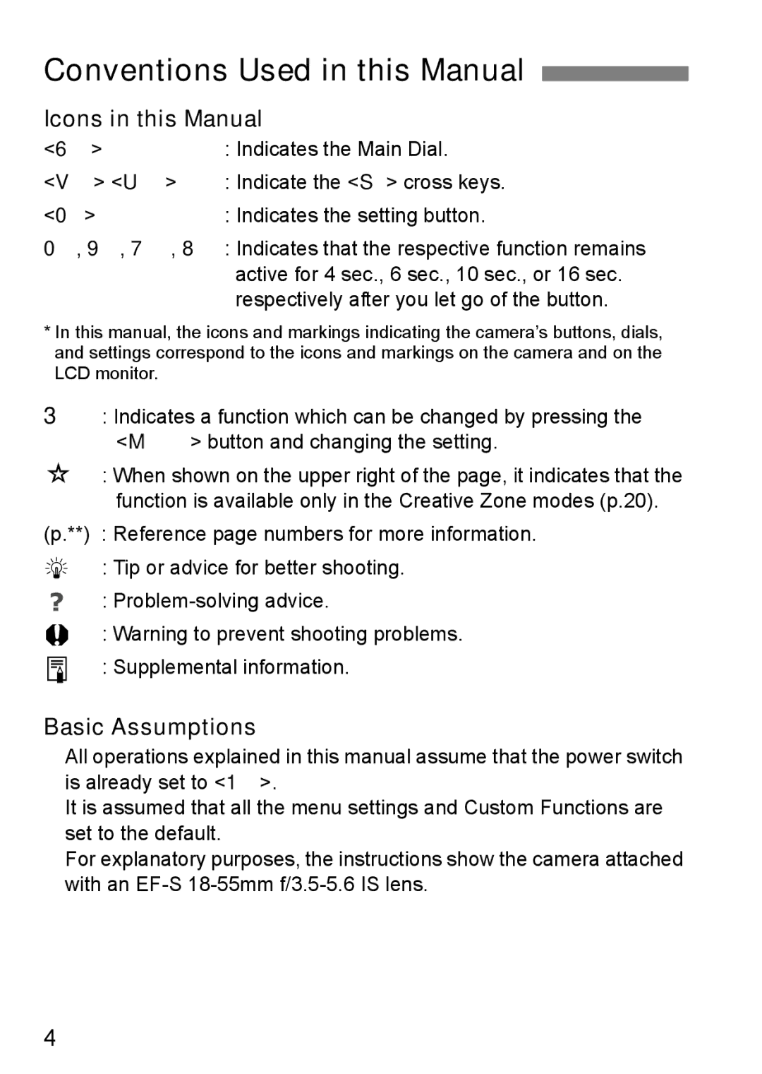 Cannon 500D instruction manual Conventions Used in this Manual, Icons in this Manual, Basic Assumptions 