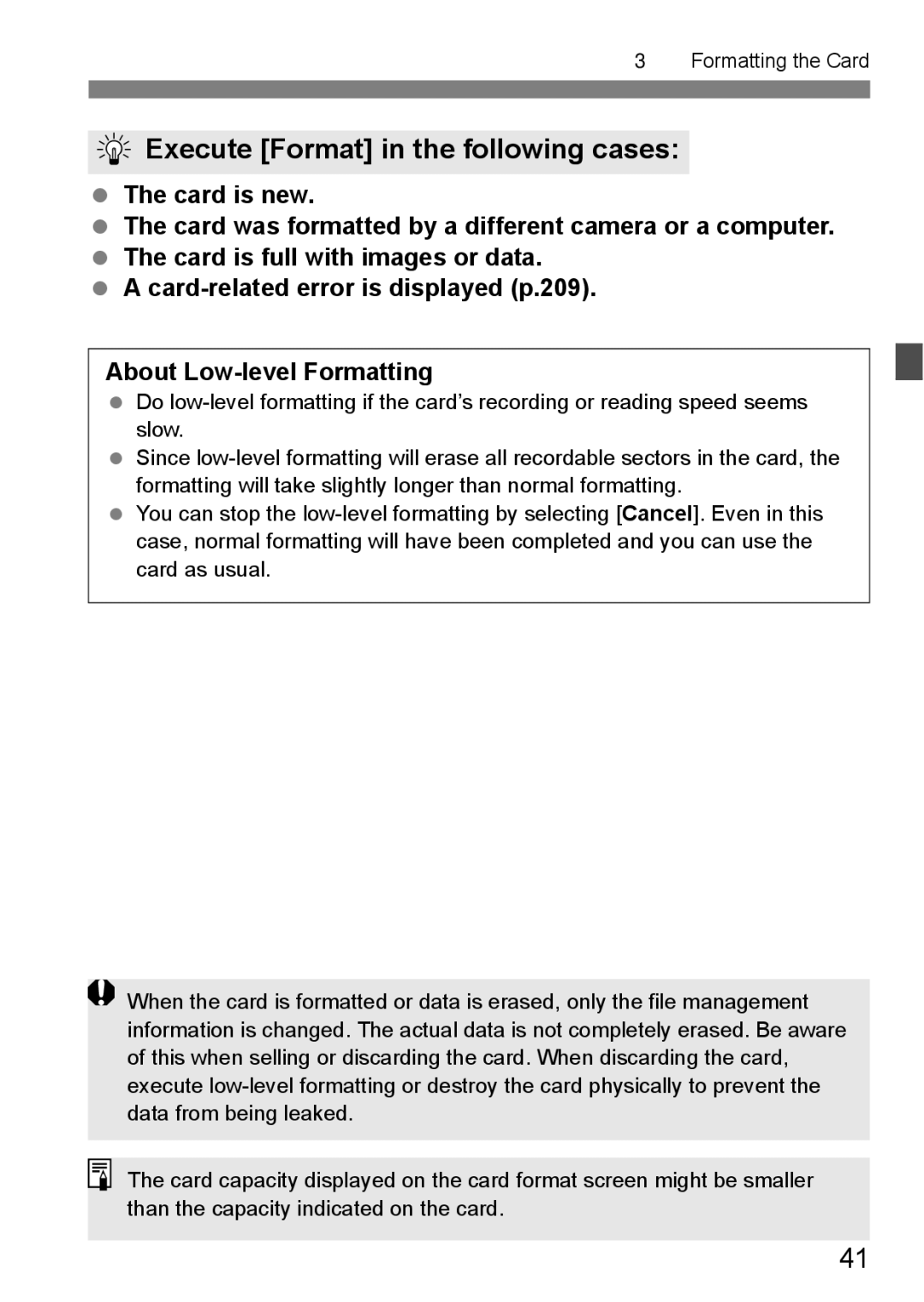 Cannon 500D instruction manual Execute Format in the following cases 