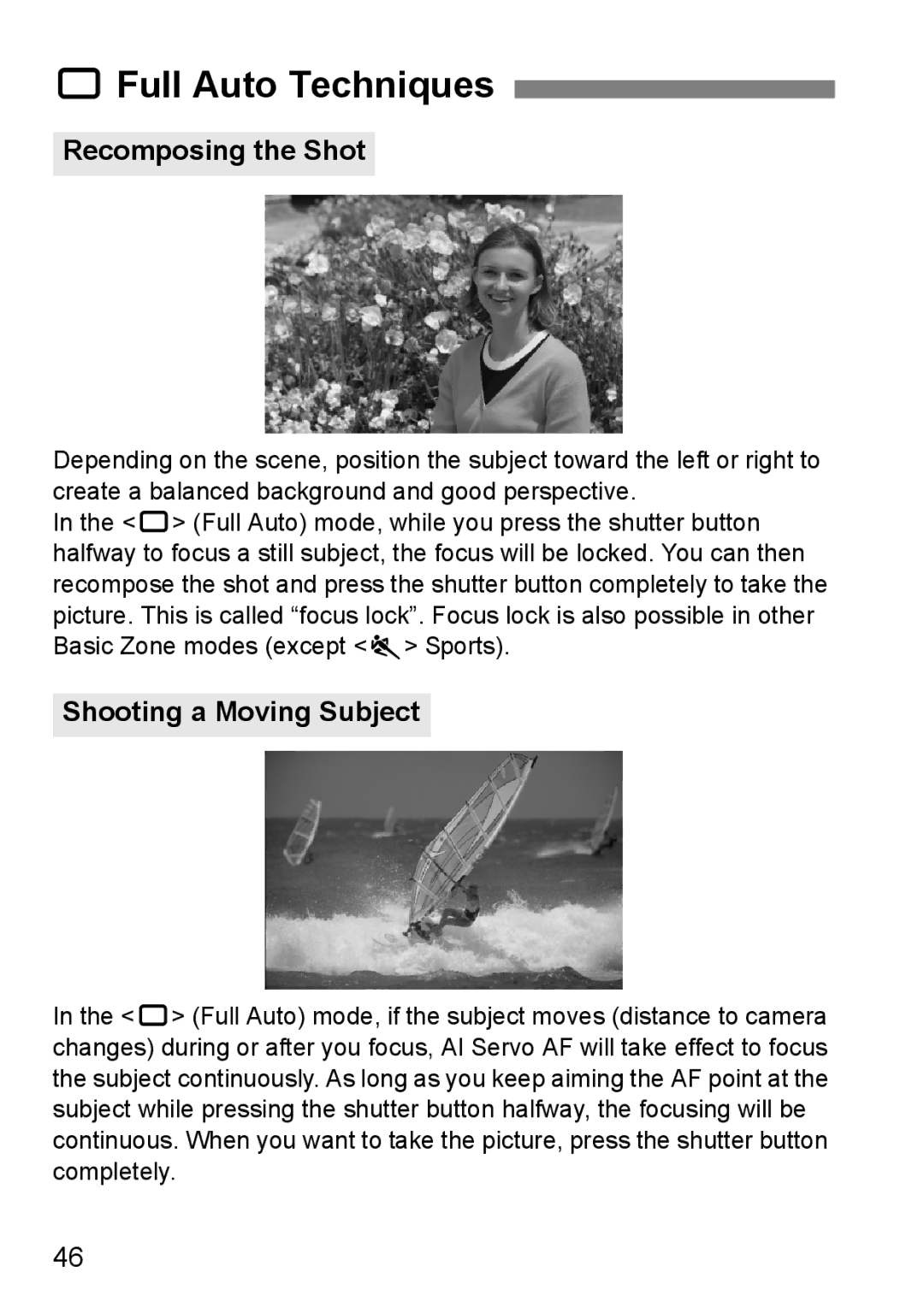 Cannon 500D instruction manual 1Full Auto Techniques, Recomposing the Shot, Shooting a Moving Subject 
