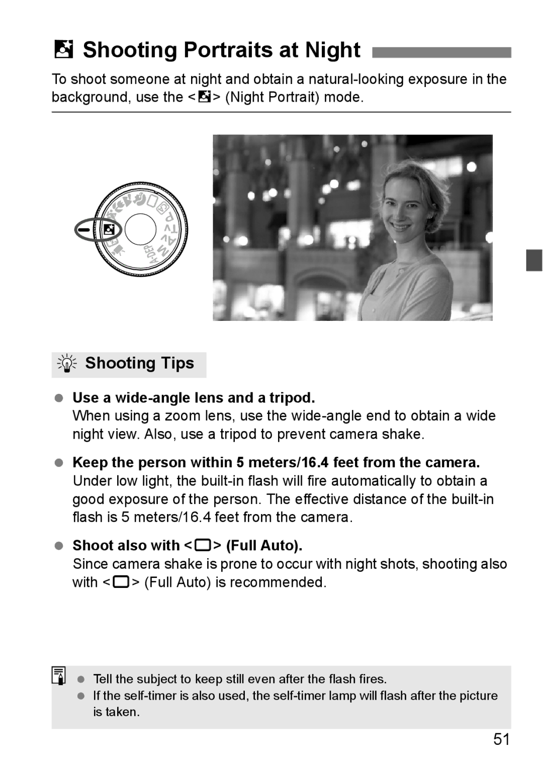 Cannon 500D instruction manual 6Shooting Portraits at Night, Use a wide-angle lens and a tripod 