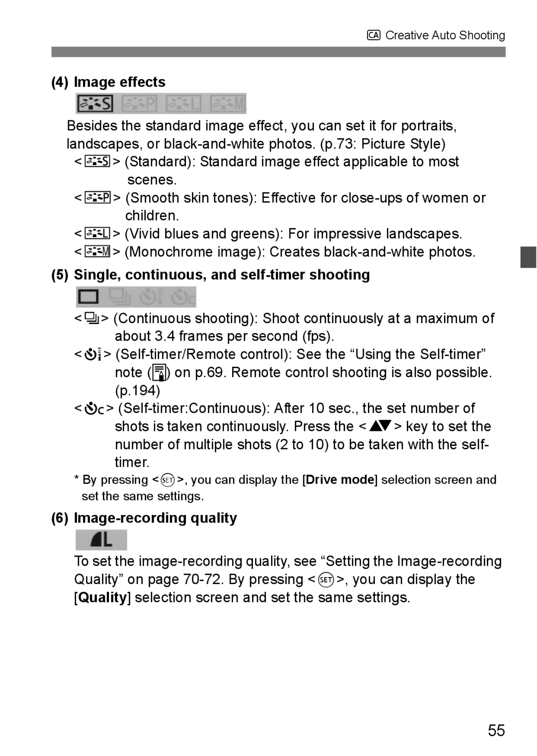 Cannon 500D instruction manual Image effects, Single, continuous, and self-timer shooting, Image-recording quality 