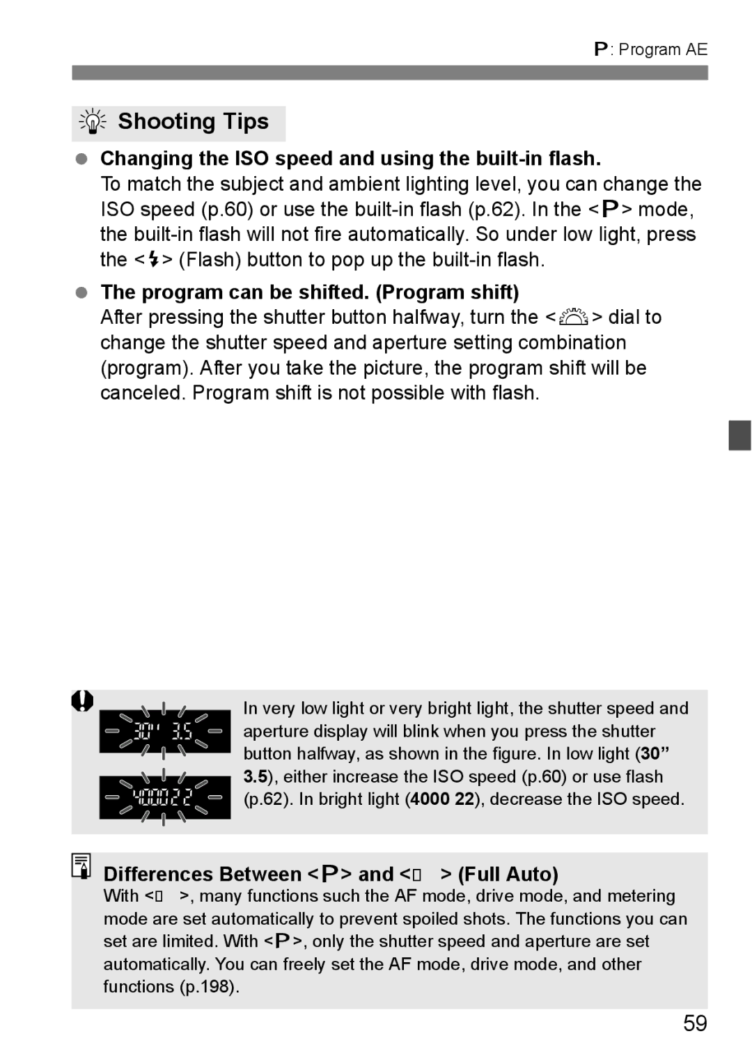 Cannon 500D instruction manual Changing the ISO speed and using the built-in flash, Program can be shifted. Program shift 