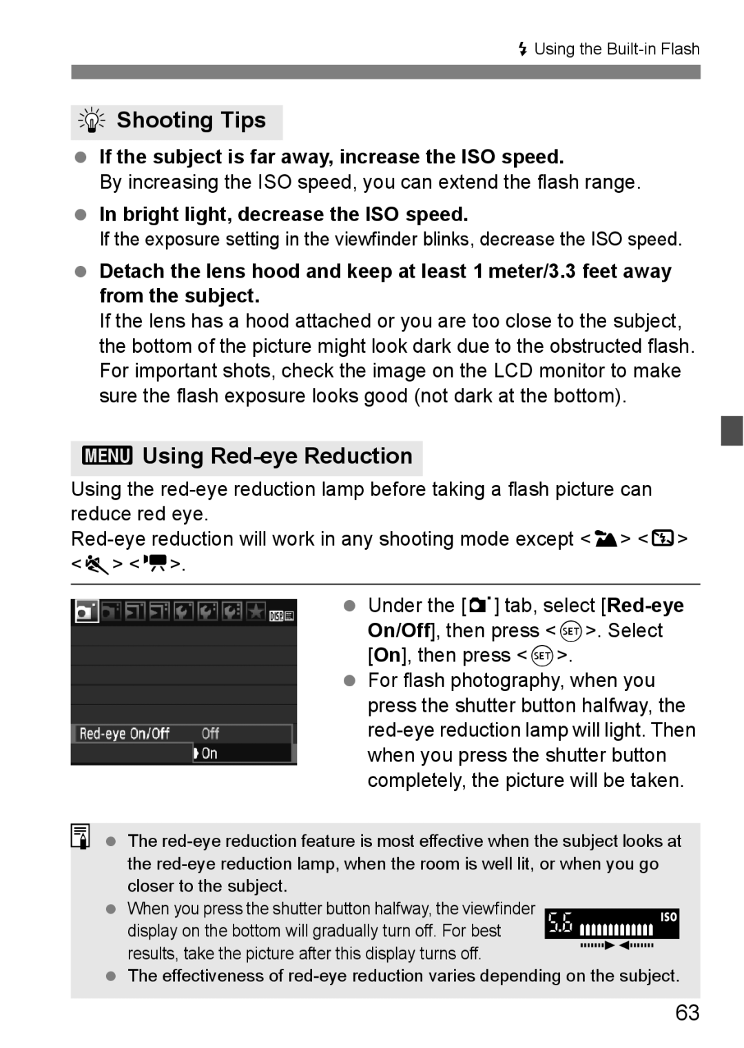 Cannon 500D instruction manual 3Using Red-eye Reduction, If the subject is far away, increase the ISO speed 