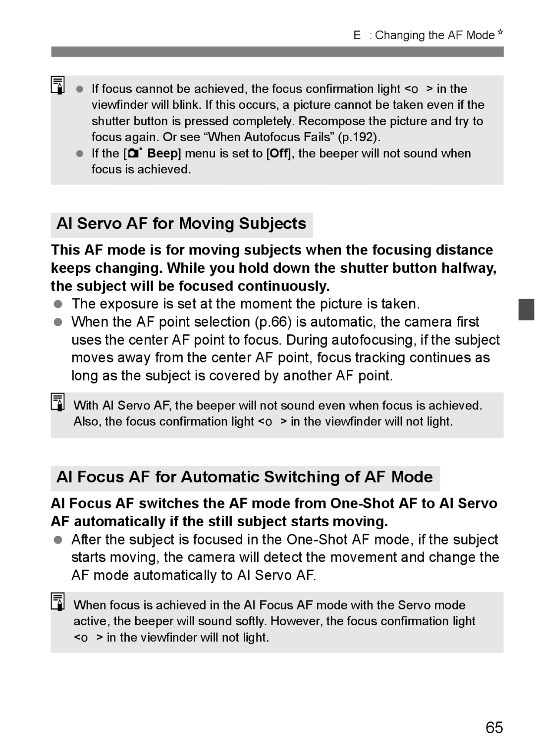 Cannon 500D instruction manual AI Servo AF for Moving Subjects, AI Focus AF for Automatic Switching of AF Mode 