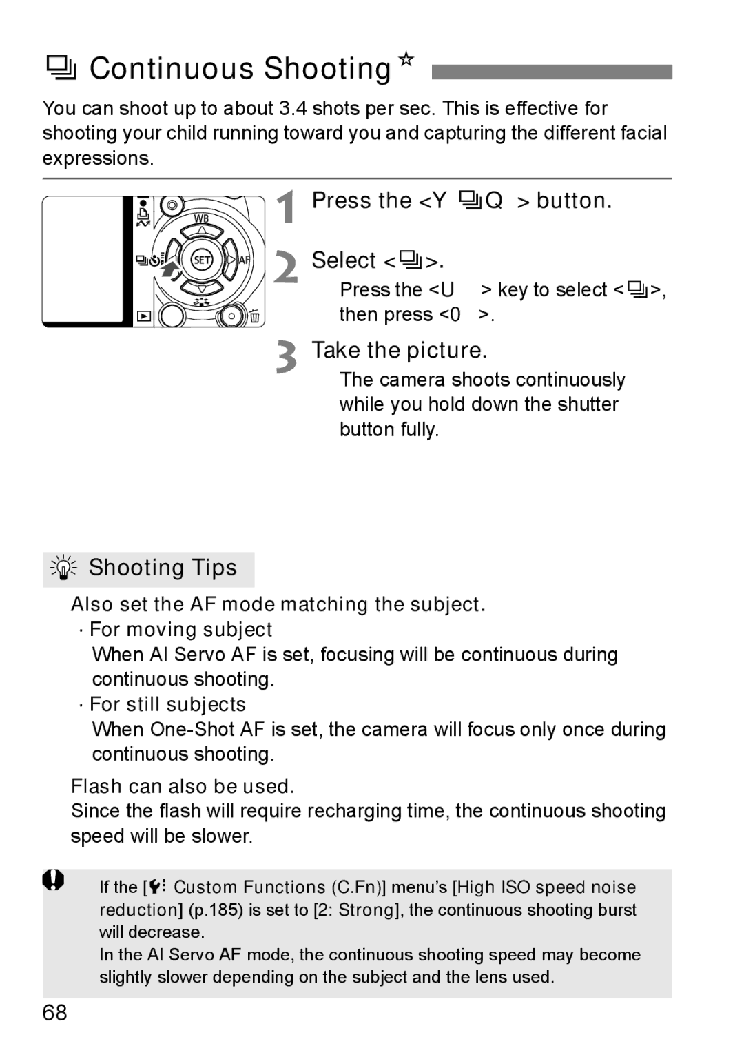 Cannon 500D instruction manual IContinuous ShootingN, Press the YiQ button Select, Press the U key to select i, then press 