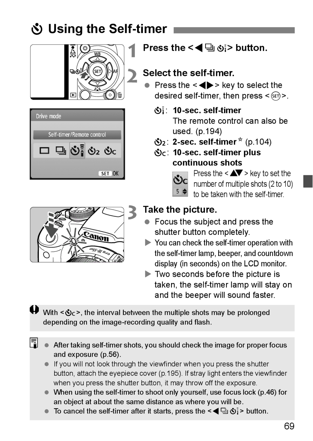 Cannon 500D instruction manual Using the Self-timer, Press the YiQ button Select the self-timer, 10-sec. self-timer 