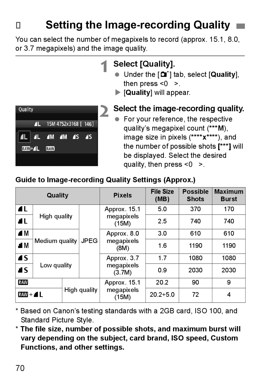 Cannon 500D instruction manual 3Setting the Image-recording Quality, Select Quality, Select the image-recording quality 