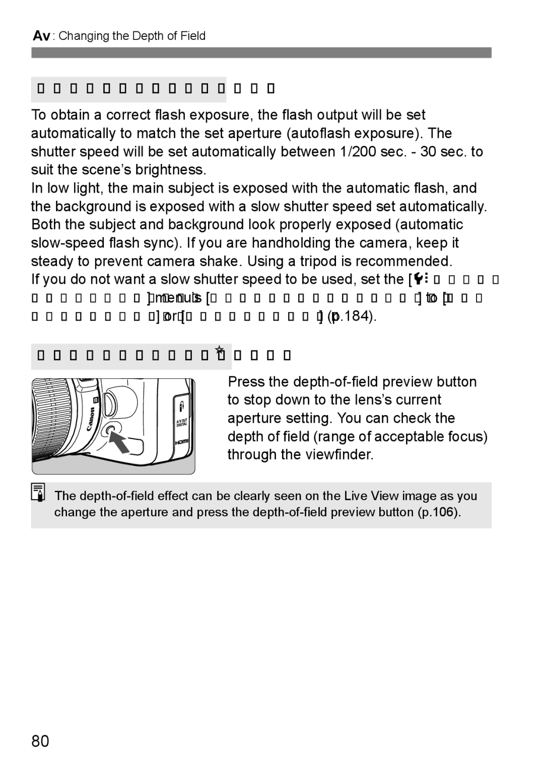 Cannon 500D instruction manual Using the Built-in Flash, Depth of Field PreviewN 