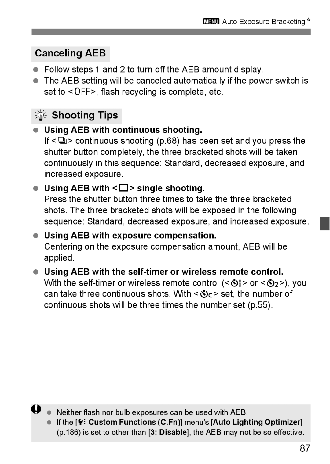 Cannon 500D instruction manual Canceling AEB, Using AEB with continuous shooting, Using AEB with u single shooting 